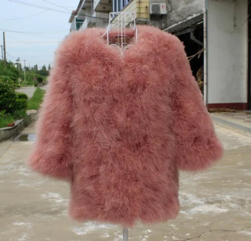 Winter Fur Coat of Natural Ostrich Feather Fur Autumn Winter Warm Thick Fashion Fur Outwear Blue Pink 8 Colors Length C129