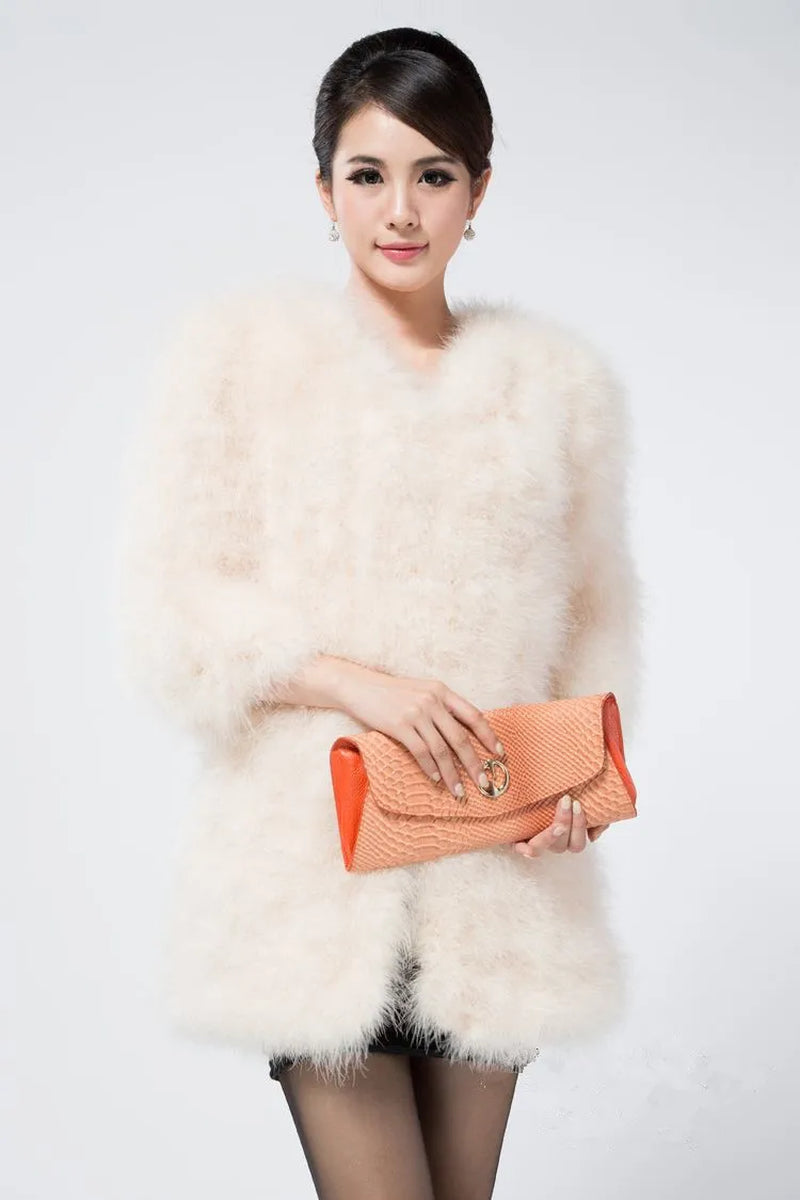 Winter Fur Coat of Natural Ostrich Feather Fur Autumn Winter Warm Thick Fashion Fur Outwear Blue Pink 8 Colors Length C129