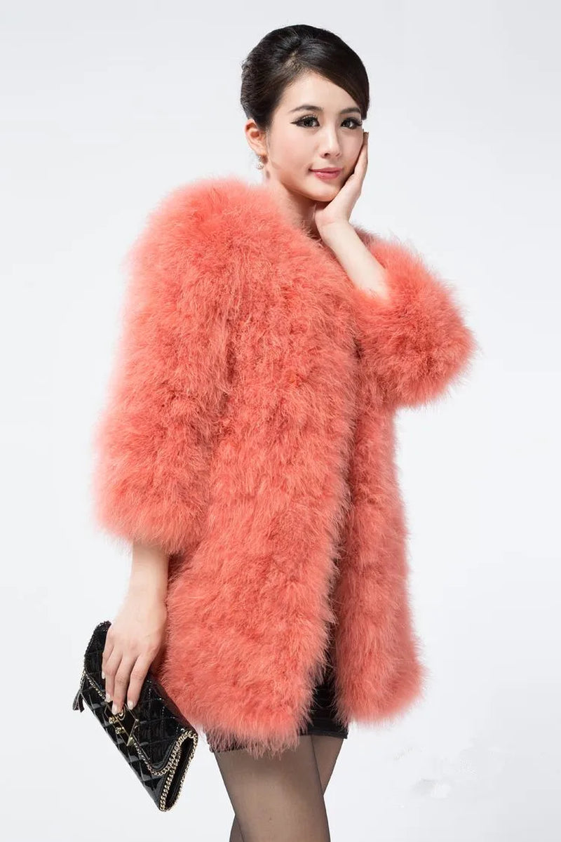 Winter Fur Coat of Natural Ostrich Feather Fur Autumn Winter Warm Thick Fashion Fur Outwear Blue Pink 8 Colors Length C129