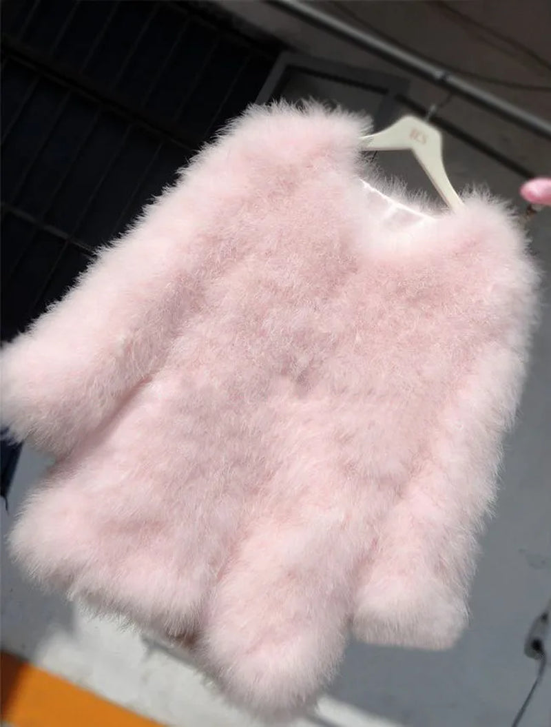 Winter Fur Coat of Natural Ostrich Feather Fur Autumn Winter Warm Thick Fashion Fur Outwear Blue Pink 8 Colors Length C129
